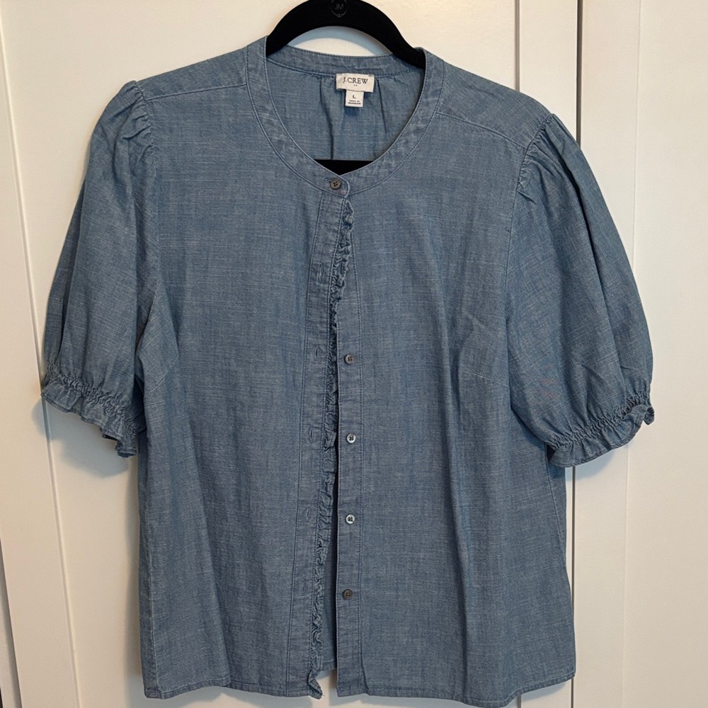 J. Crew Denim Blue Puff Sleeve Top